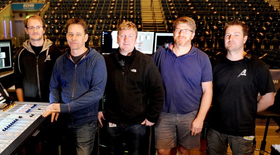 Left to right is Mark Johnson (Monitor Tech)  John Delf (FOH Engineer) Ben Booker (Monitor Engineer) Tony Szabo KSE (PA Tech) Sam Proctor (PA Tech)