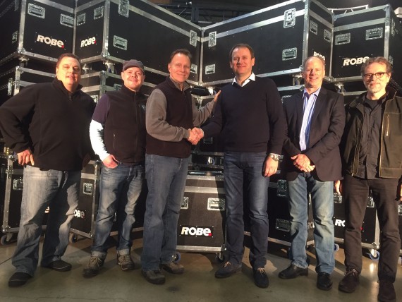 Left to right Russ Armentrout (President), Matt Hubbell and Douglas Peterson (Owner) of Performance Lighting, with Josef Valchar, (CEO of Robe s.r.o.), Bob Schacherl (CEO of Robe Lighting Inc.) and John McDowell (Sales Manager Central US Region Robe Lighting Inc.)