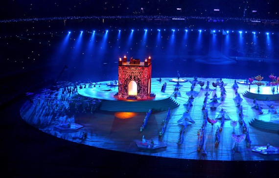 BAKU, AZERBAIJAN - JUNE 28:  Dancers perform infront of a representation of the Ateshgah Fire Temple during the Closing Ceremony for the Baku 2015 European Games at Olympic Stadium on June 28, 2015 in Baku, Azerbaijan.  (Photo by Robert Prezioso/Getty Images for BEGOC)