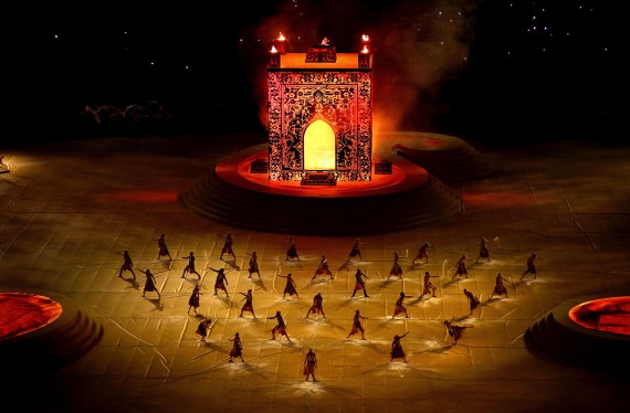 BAKU, AZERBAIJAN - JUNE 28:  A representation of the Ateshgah Fire Temple rises from the stadium floor during the Closing Ceremony for the Baku 2015 European Games at Olympic Stadium on June 28, 2015 in Baku, Azerbaijan.  (Photo by Paul Gilham/Getty Images for BEGOC)