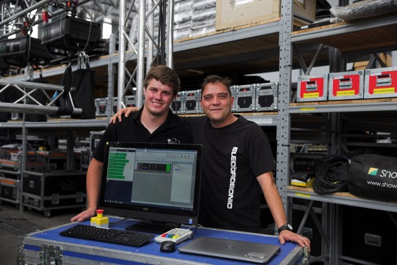 MGG’s Herman Mentz on the left & Electrosonic’s Renier Smit with the Kinesys system in MGG’s Johannesburg warehouse