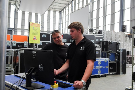 Renier (L) and Herman (R) testing the system in the warehouse