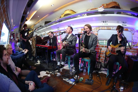 EDITORIAL USE ONLY (Left to right) Ciaran Jeremiah, Dan Gillespie Sells, Kevin Jeremiah and Richard Jones from The Feeling performs onboard the new Virgin Radio Star train